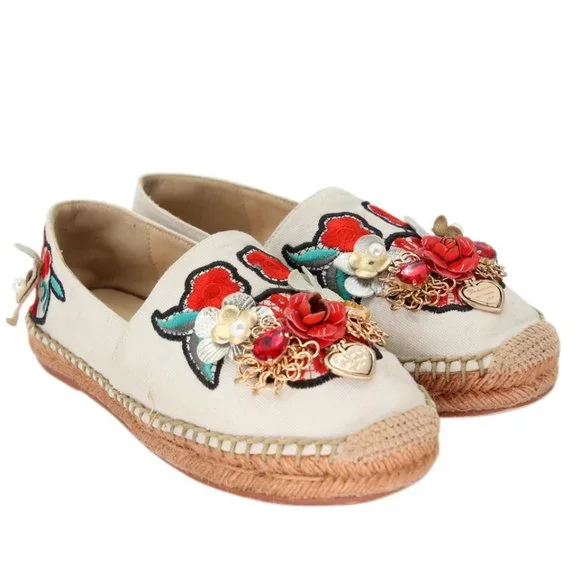 Dolce&Gabbana Pearl Espadrille 39 Floral Embellished Fabric Flats DG-0525N-0218